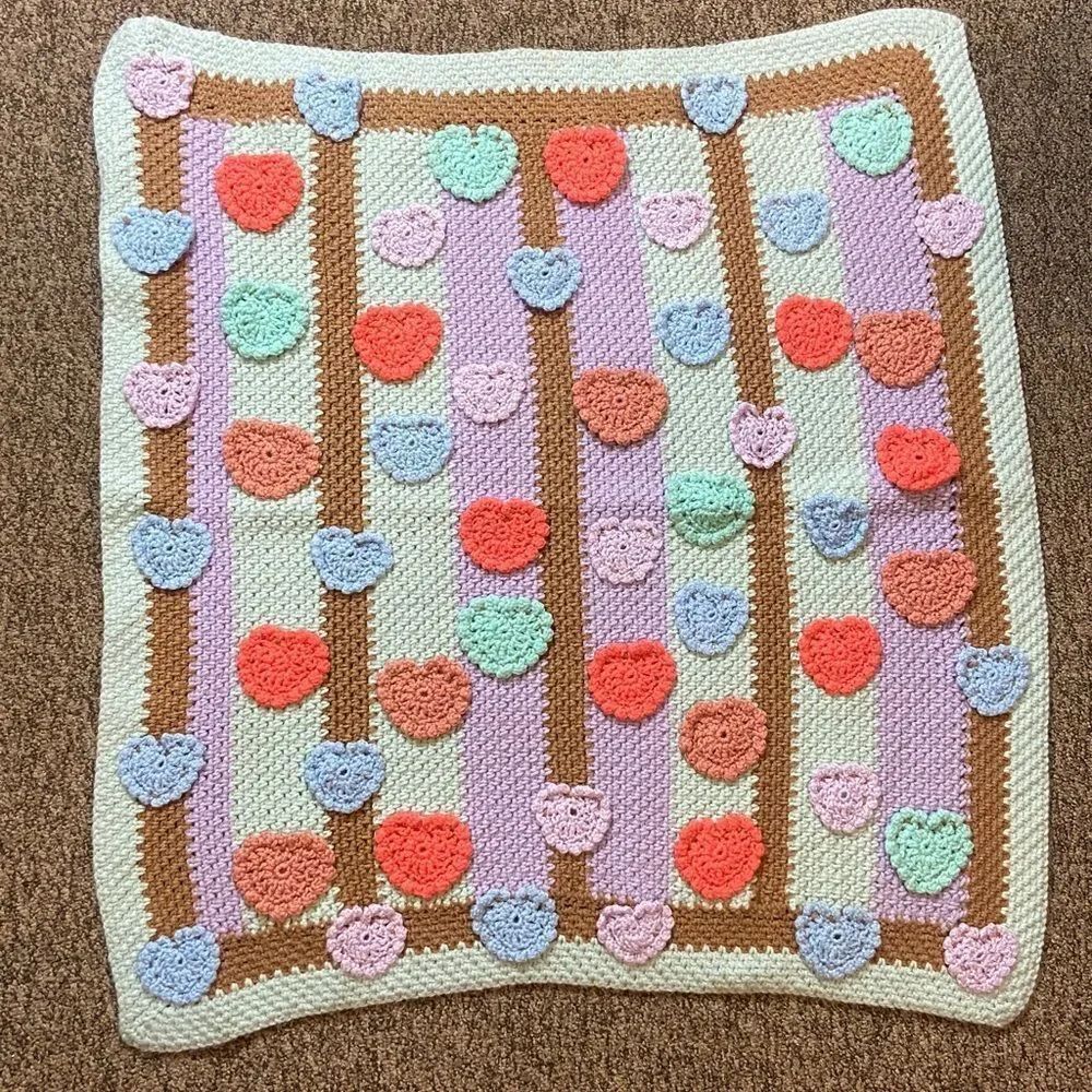 Colorful Crochet Blanket with Circles Flowers Hand Craft Size 37X40 Approximate